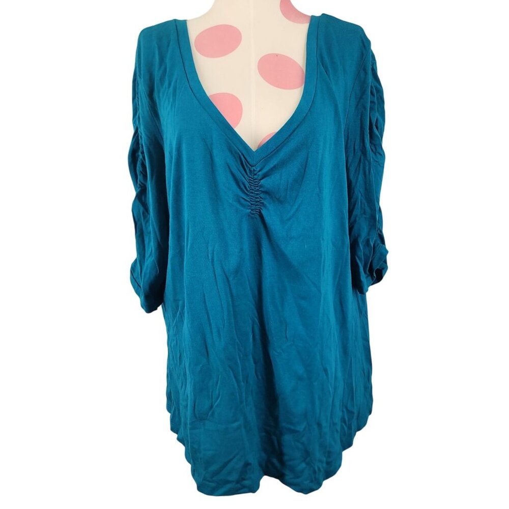 Women's Made for me 2 Look Amazing V-neck Rouched Sleeves Bust 2XL Teal Blouse